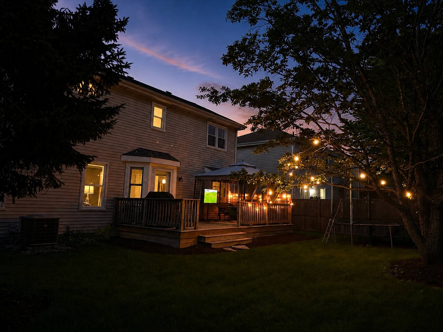 Backyard deck at twilight