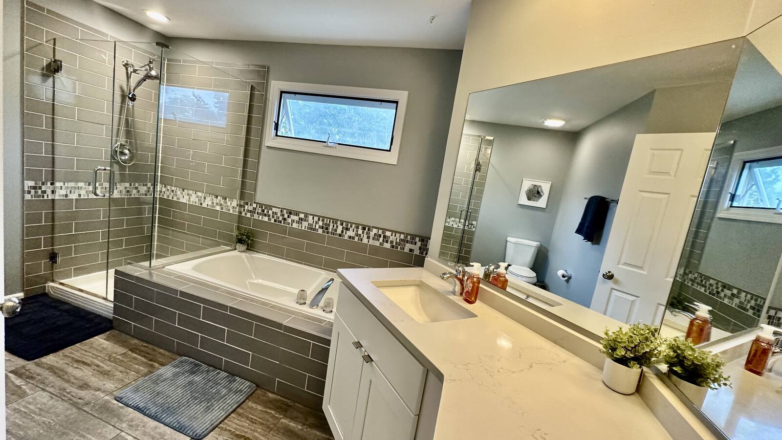 Primary bathroom with soaking tub and shower