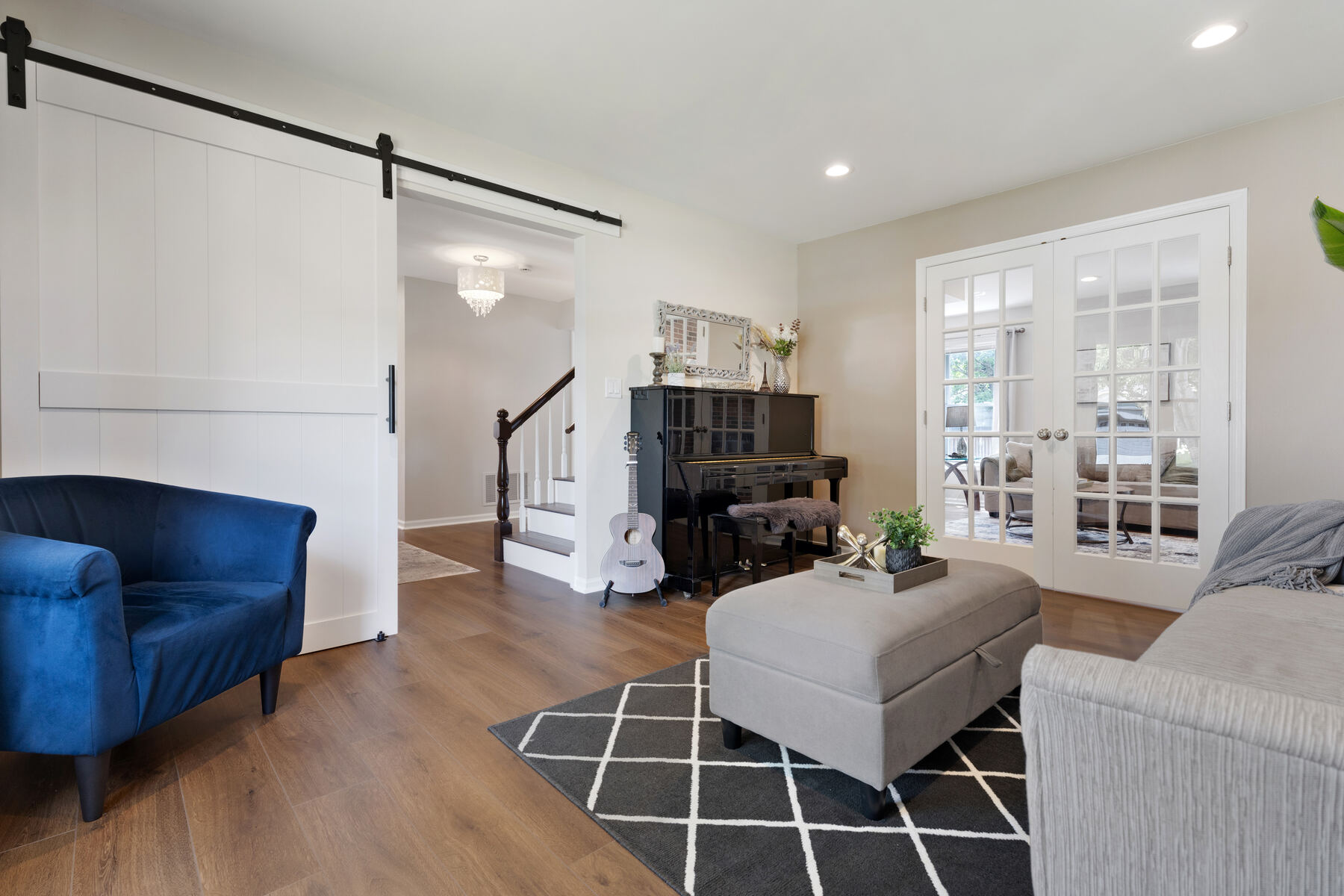 Living room with barn door