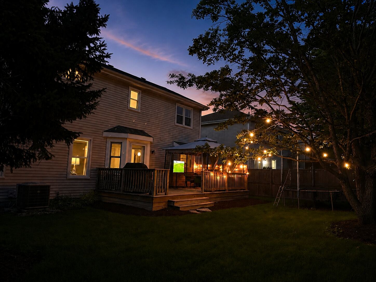 Backyard deck at twilight